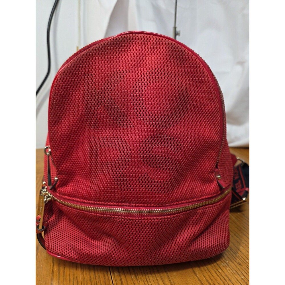 Michael Kors Rhea Zip Backpack Logo Front Polyester Bag Bright Red Gold
